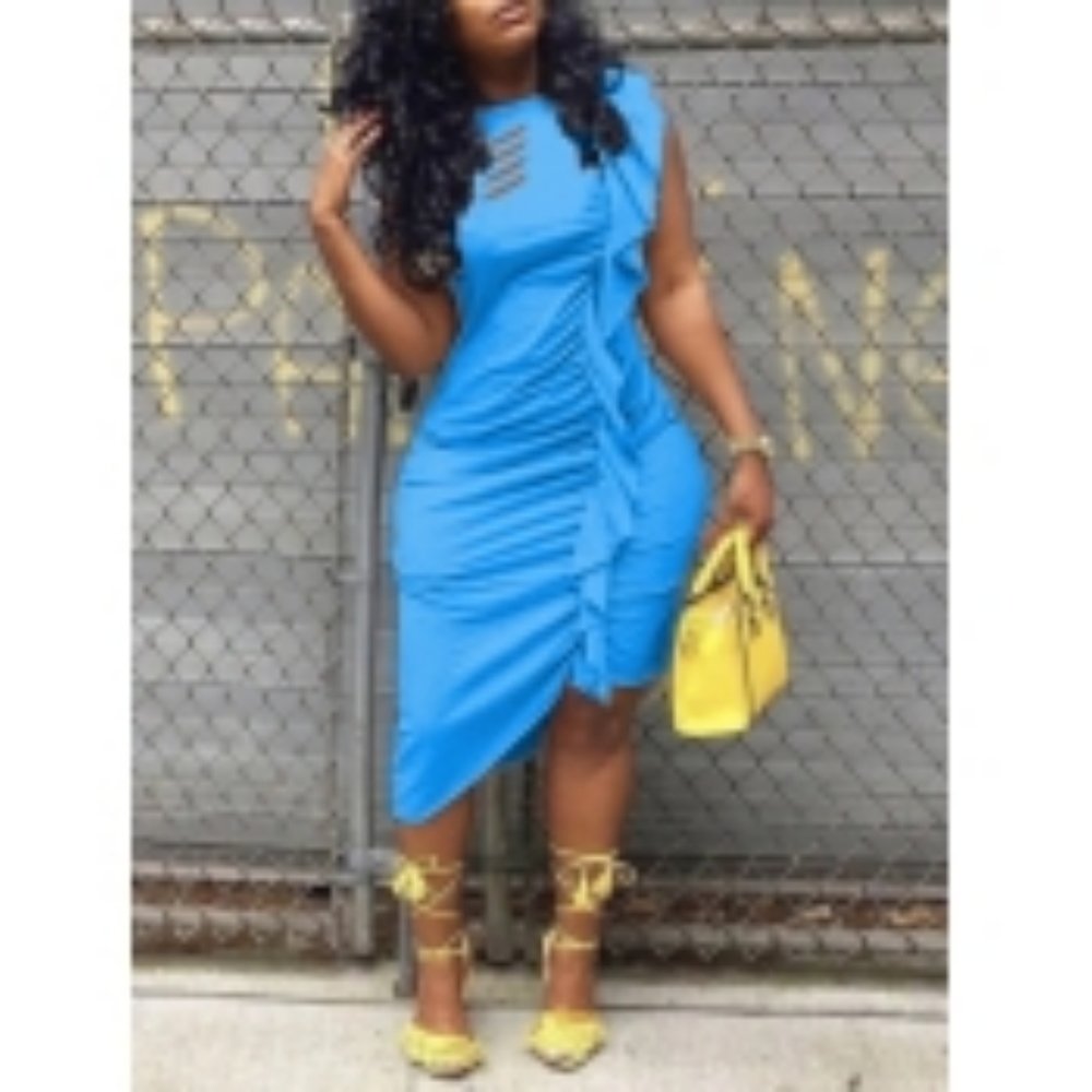 Sleeveless, asymmetrical ruffled dress